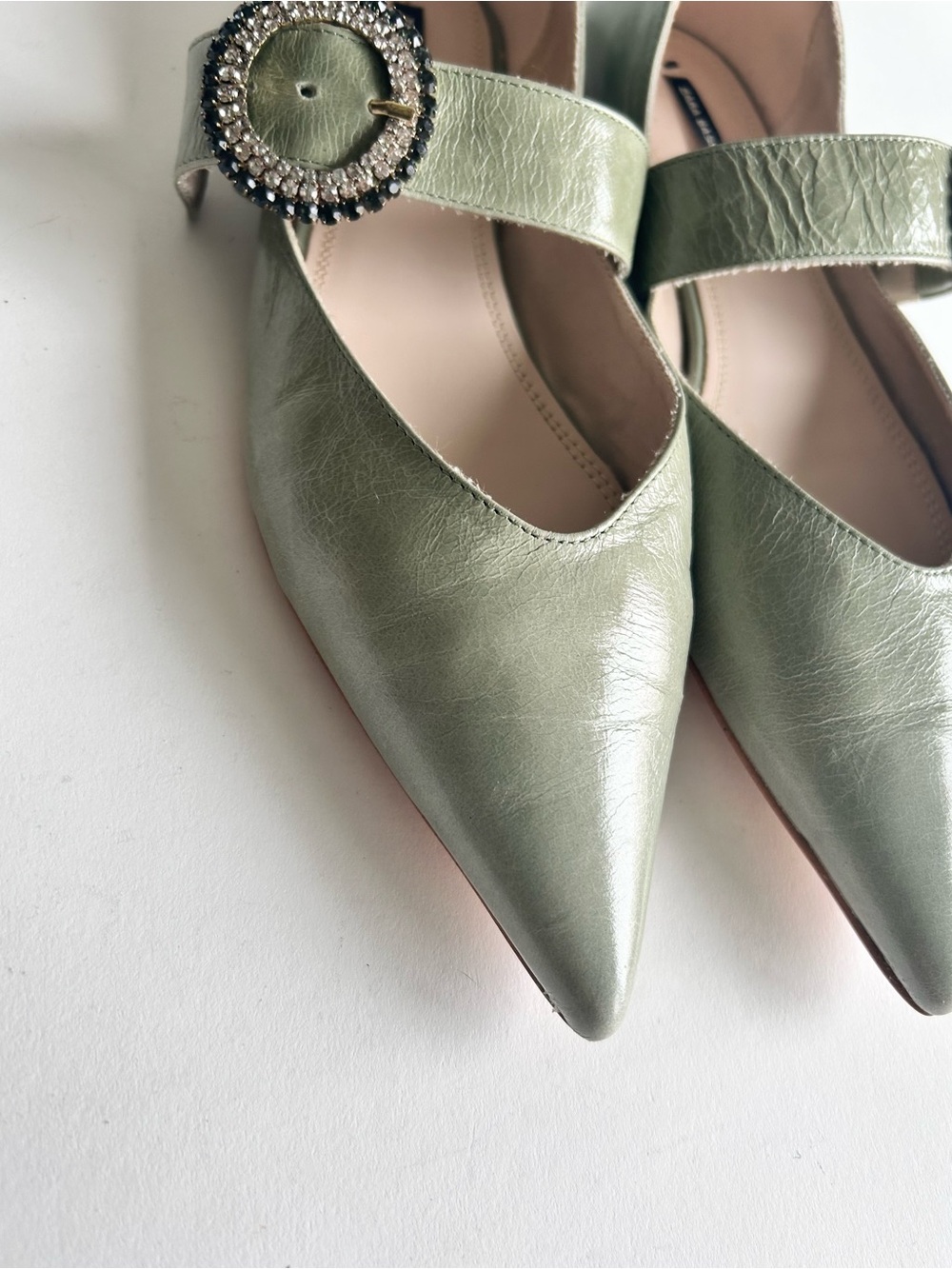Zara Basic Green Leather Mary Jane Point Toe Glitter Buckle Flats size 7.5 - Picture 6 of 16